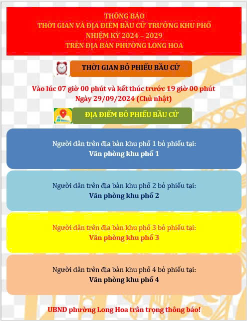 Phường Long Hoa công bố Thời gian và Địa điểm bầu cử Trưởng khu phố, nhiệm kỳ 2024-2029 trên địa bàn phường Long Hoa, thị xã Hòa Thành